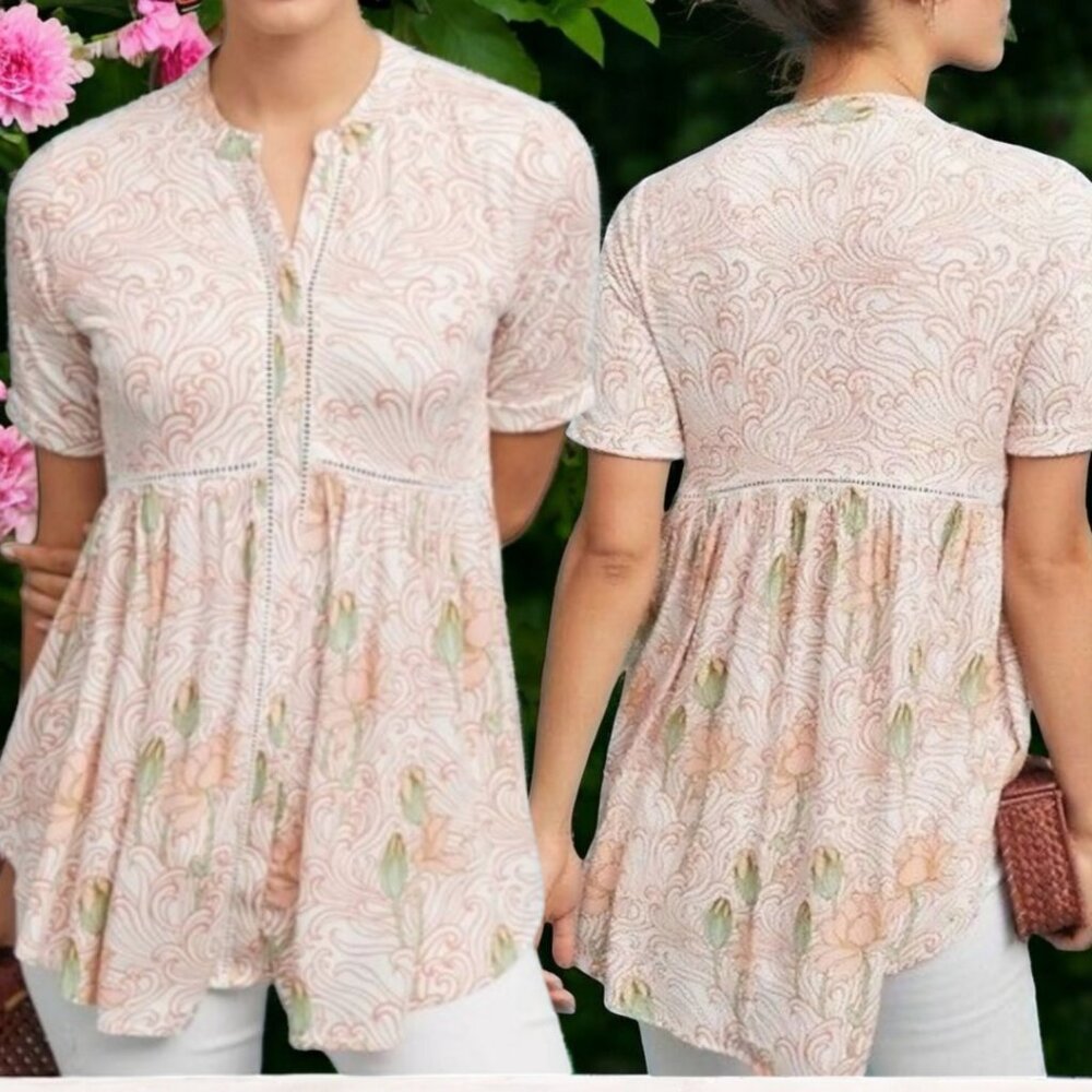 NWT AKEMI + KIN ANTHROPOLOGIE (MED) BOHO Short Sleeve Flowy Blouse